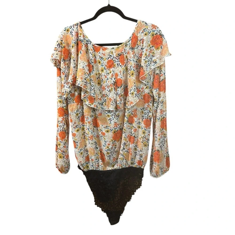 Free People Intimately Free Say It To Me Floral Flounced Bodysuit Size L